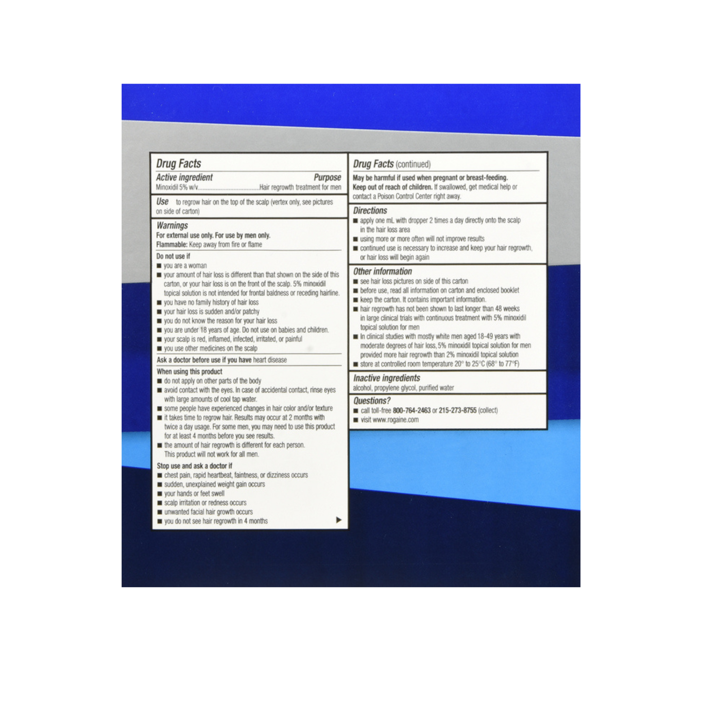 Drug facts label on a blue and gray background