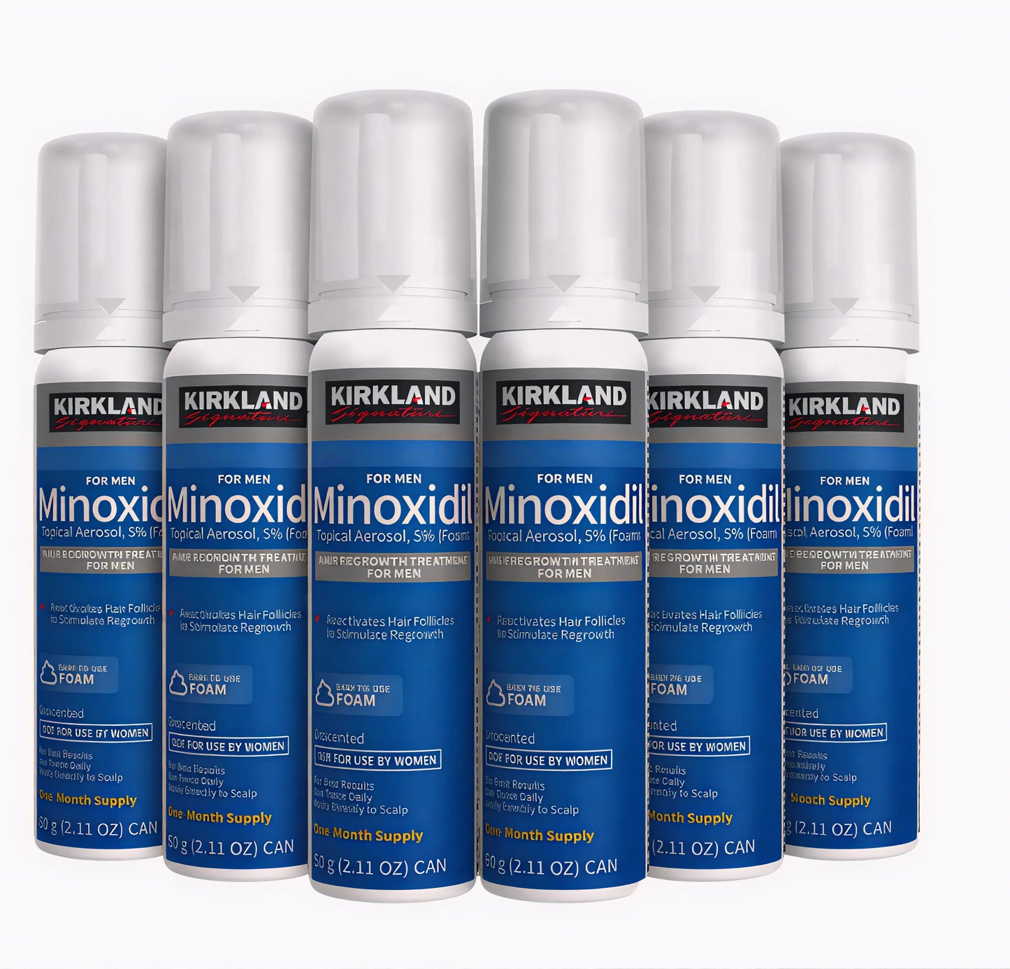 Six Kirkland Signature Minoxidil 5% foam spray cans arranged in two rows of three on a plain white background.