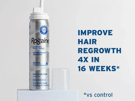 Rogaine hair regrowth treatment can on a white background with text about hair regrowth improvement.