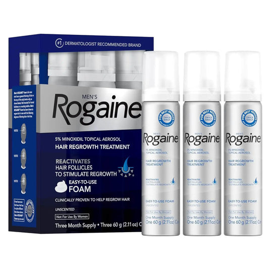 Men's Rogaine hair regrowth treatment packaging and bottles on a white background