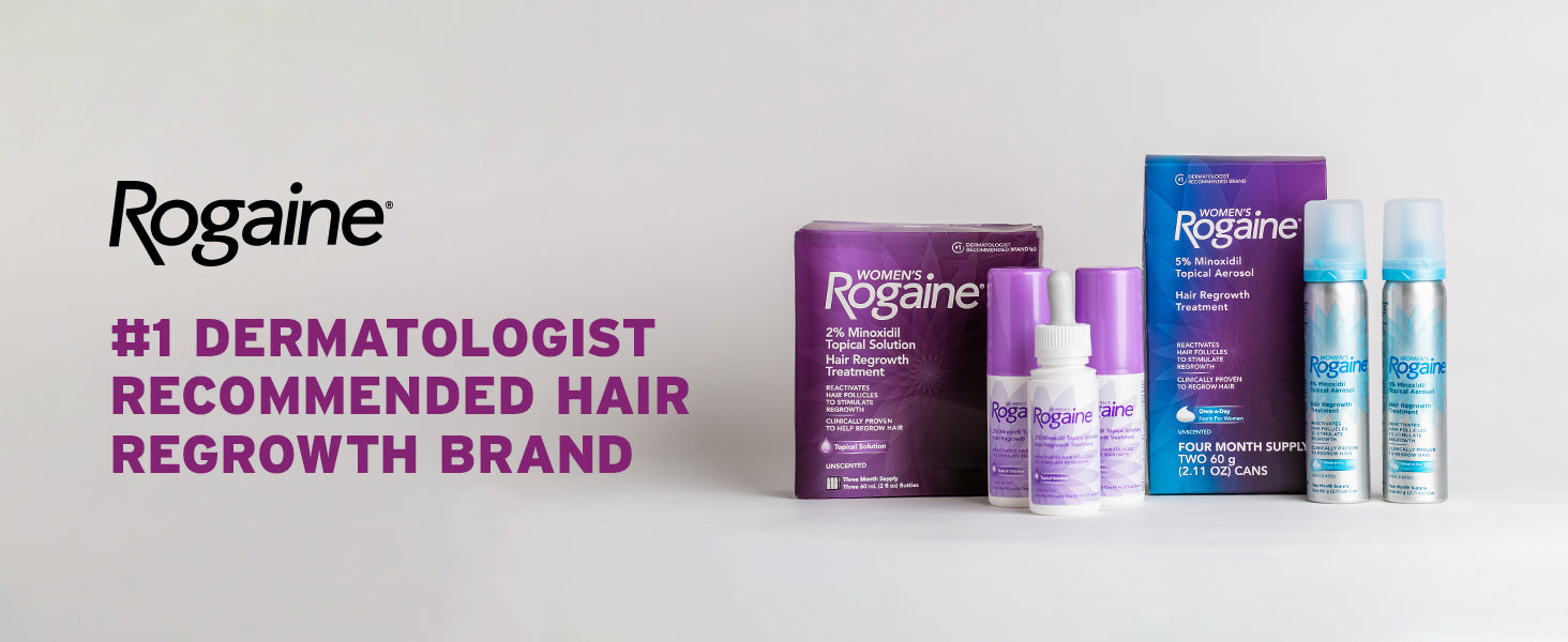 Rogaine hair regrowth products on a white background with text highlighting it as a dermatologist recommended brand.
