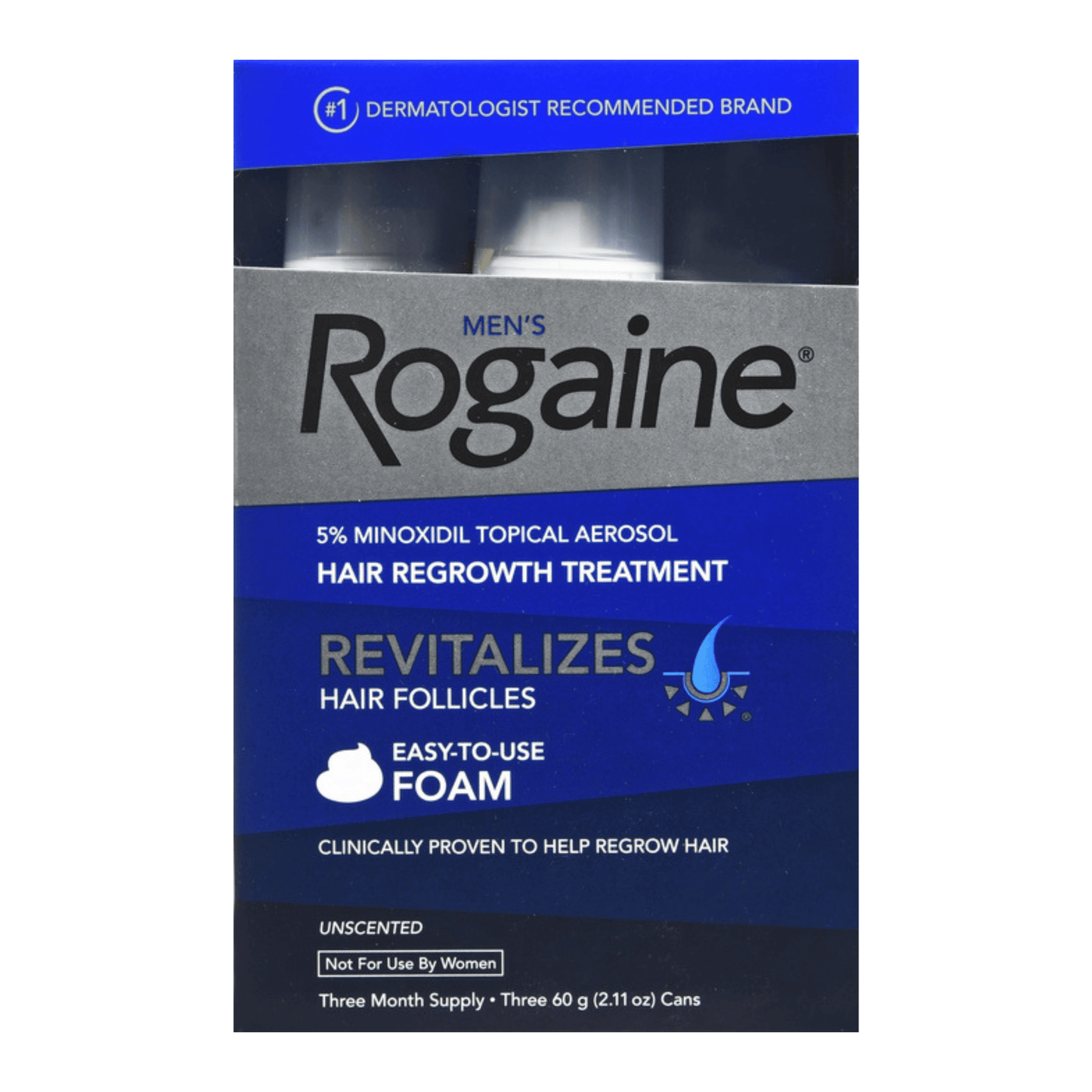 Rogaine for men hair regrowth treatment packaging on a white background