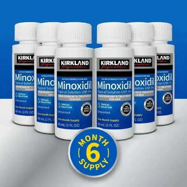 Kirkland Minoxidil bottles with a '6 Month Supply' badge on a blue and gray background