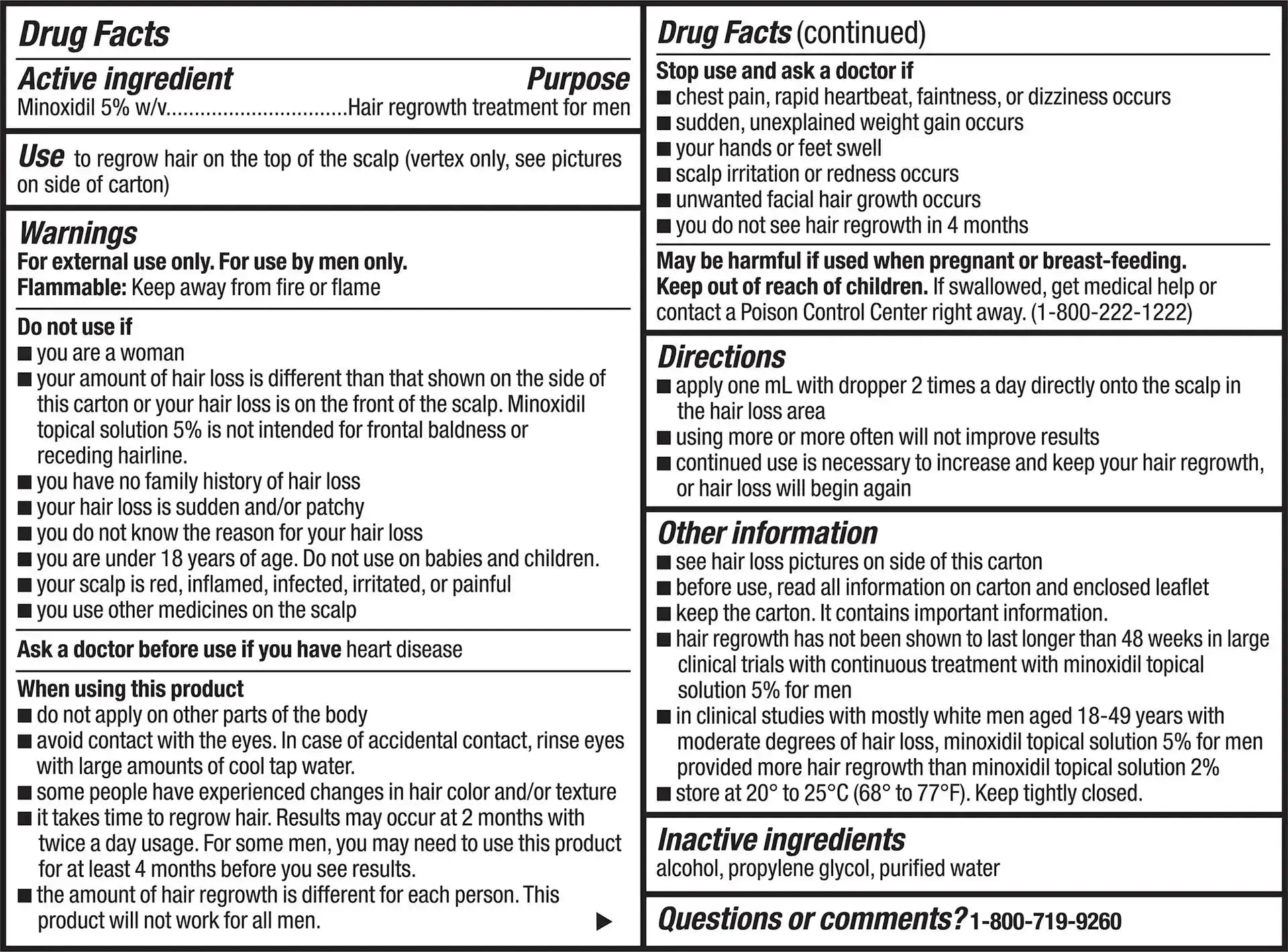 Drug facts label for a hair regrowth product with detailed information on active ingredients, purpose, use, warnings, and directions.