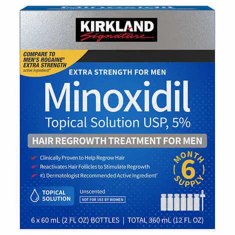 Kirkland Signature Minoxidil Topical Solution packaging for men on a white background