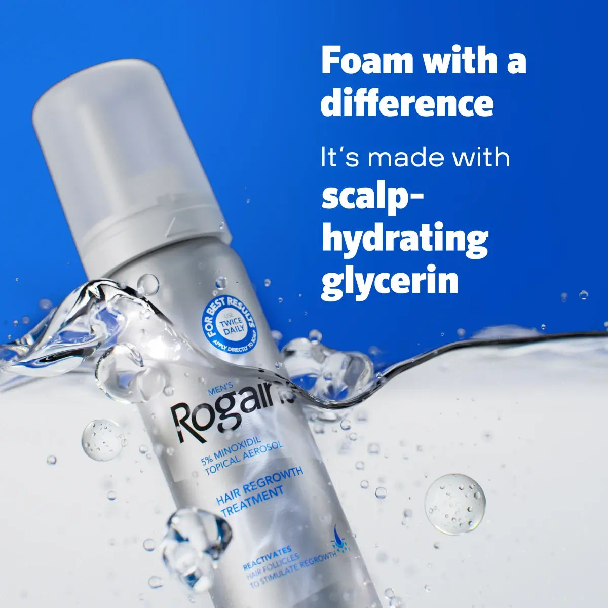 A bottle of Rogaine hair regrowth treatment floating in water with text on a blue background.