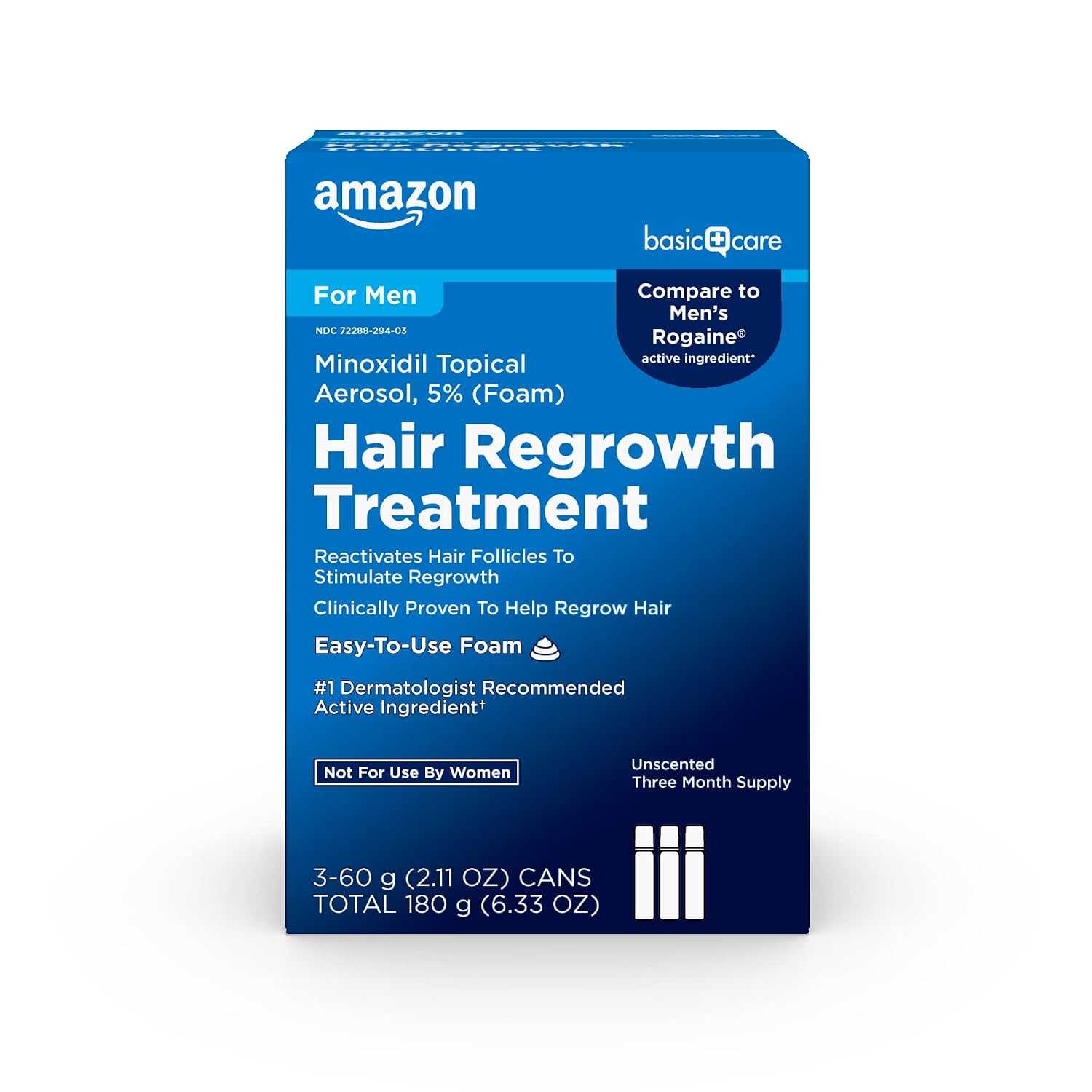 Amazon Basic Care hair regrowth treatment packaging on a white background