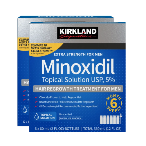 Kirkland Signature Minoxidil Topical Solution for Men, 5% concentration, shown in a blue and silver box with a yellow accent, on a white background.
