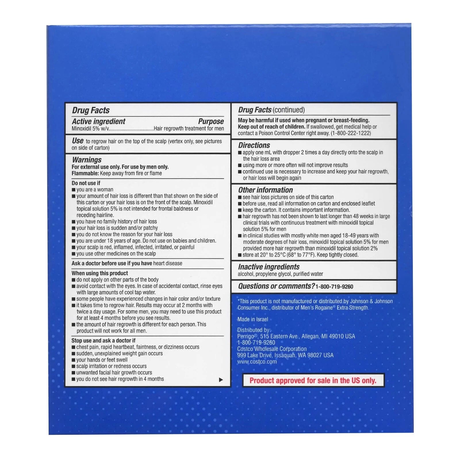 Kirkland Minoxidil The back of a blue hair regrowth treatment box, showing white text panels with drug facts, directions, warnings, and a red approval label for sale in the US.