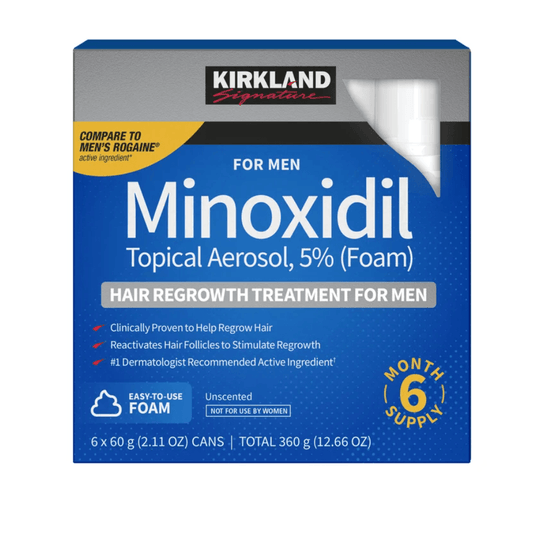 Kirkland Minoxidil Foam Topical Aerosol packaging for men on a white background