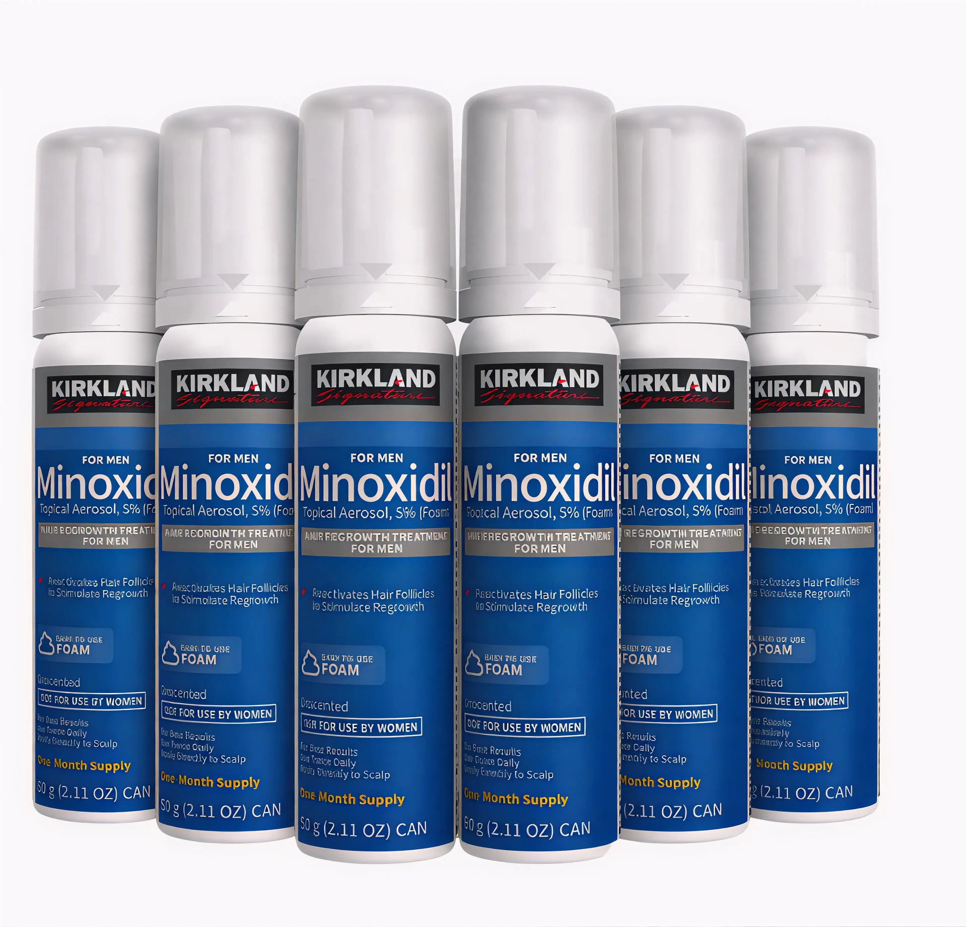 Six Kirkland Signature Minoxidil 5% foam spray cans arranged in two rows of three on a plain white background.