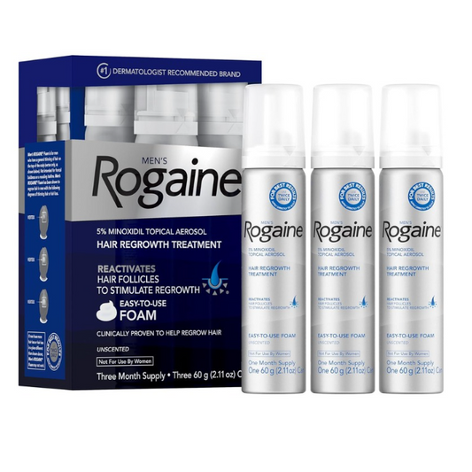 Men's Rogaine hair regrowth treatment packaging and bottles on a white background
