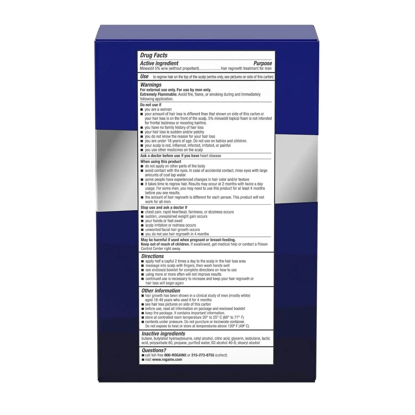 Rogaine for men Drug facts label on a blue and white box