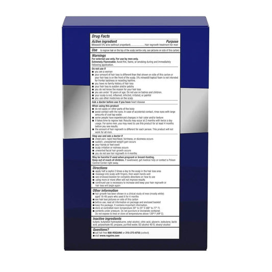 Rogaine for men Drug facts label on a blue and white box