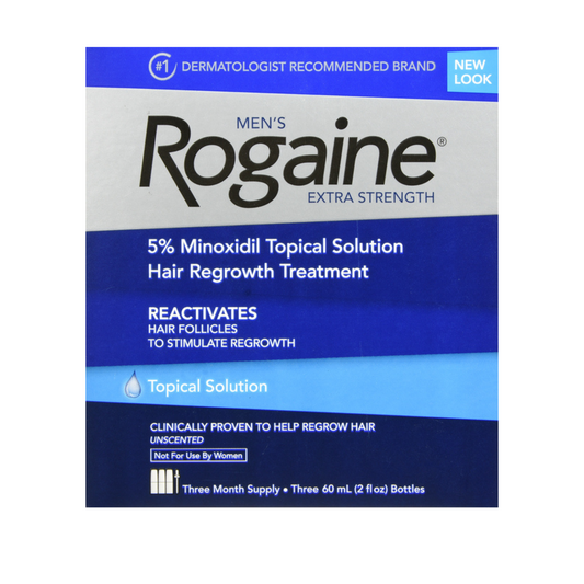 Men's Rogaine Extra Strength 5% Minoxidil Topical Solution packaging on a white background