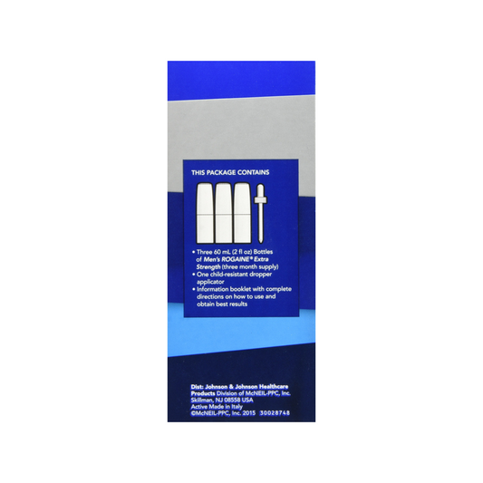 Packaging of Men's ROGAINE Extra product with blue and white design.