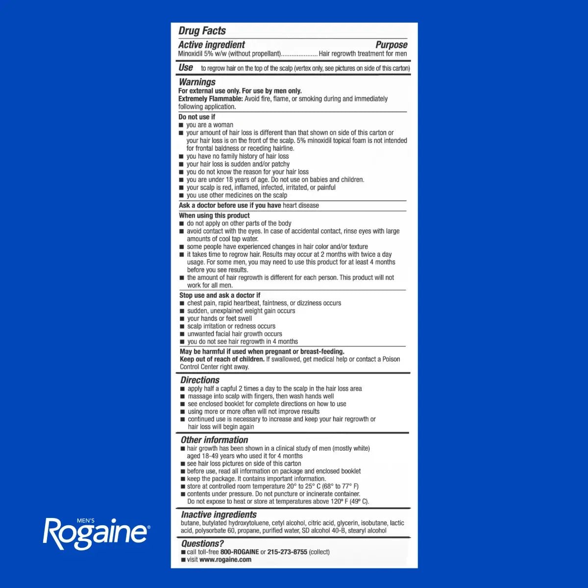 Drug facts label for Rogaine on a blue background