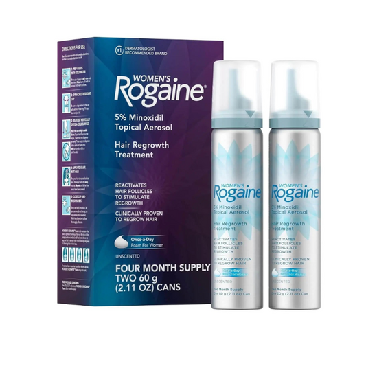 Women's Rogaine hair regrowth treatment packaging with two aerosol cans on a white background