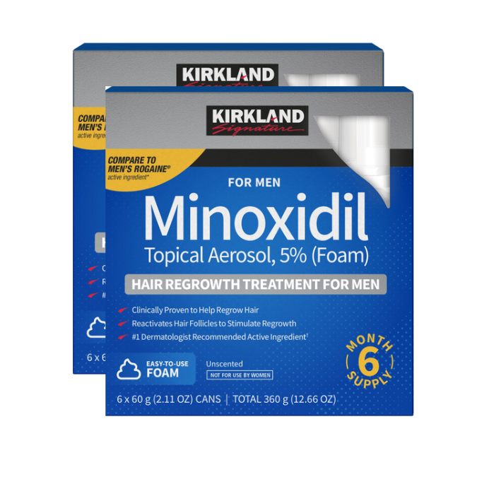 Two boxes of Kirkland Minoxidil Topical Aerosol for Men on a white background
