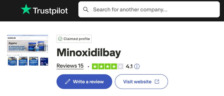 Trustpilot profile for Minoxidilbay with reviews and options to write a review or visit the website.