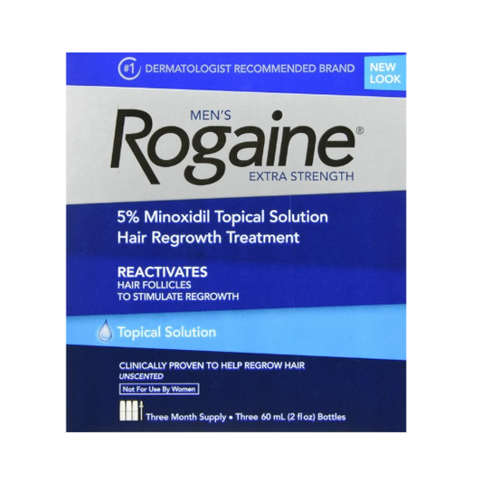 Rogaine Men's Extra Strength 5% Minoxidil Topical Solution box packaging, featuring a blue, white, and light blue design with the brand name 'Rogaine' in large black text.