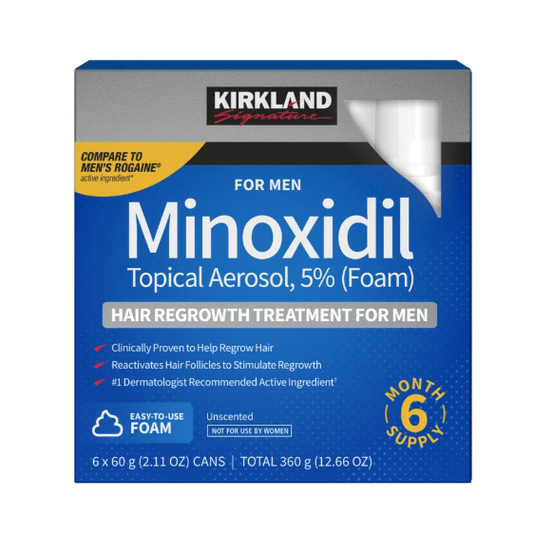 Kirkland Signature Minoxidil 5% Topical Aerosol (6-count box) for men's hair regrowth, featuring a blue and gray packaging design with a yellow comparison banner.