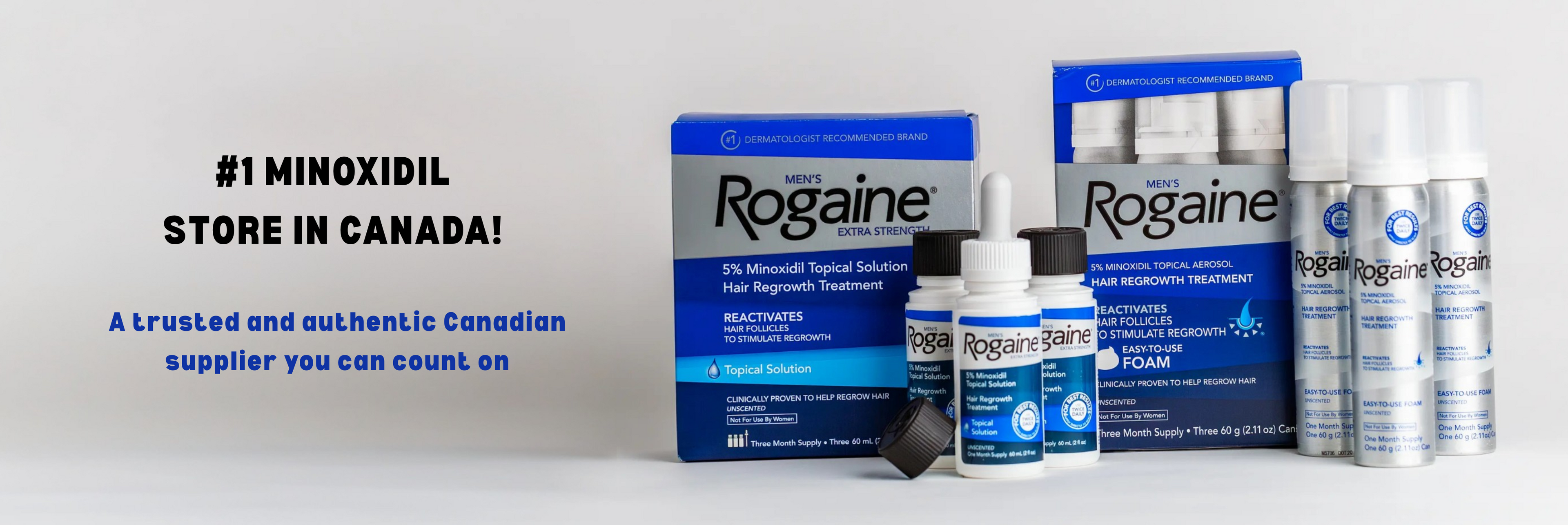 A promotional banner showing several Rogaine products, including a blue dropper bottle, a boxed topical solution, and two white spray cans, alongside marketing text that reads '#1 MINOXIDIL STORE IN CANADA!'.