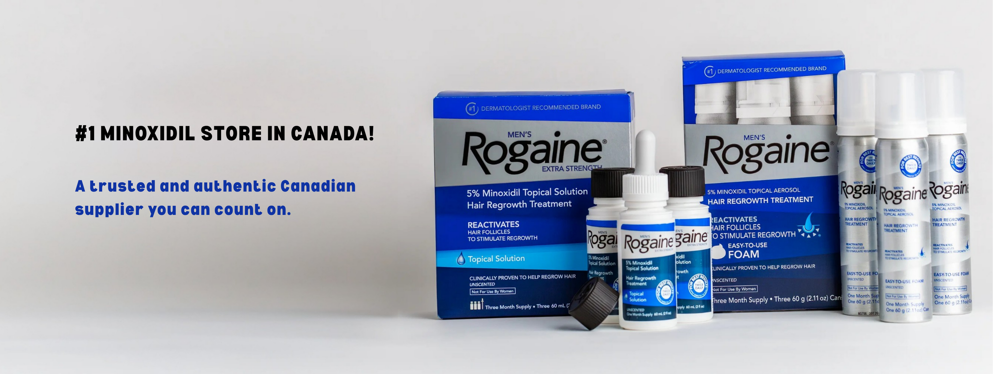 Rogaine hair regrowth treatment products including a blue and white box, dropper bottle, and silver spray cans on a light gray background with promotional text on the left.