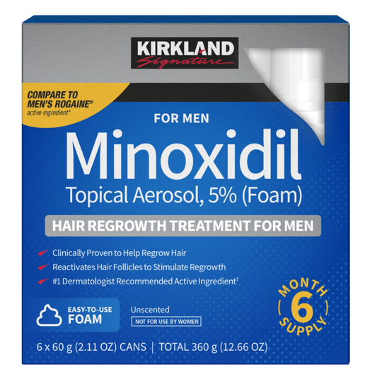 Kirkland Minoxidil Topical Aerosol packaging for men on a white background